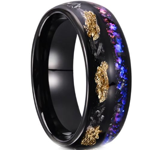 (Wholesale)Black Tungsten Carbide Meteorite Crushed Opal Ring With Gold Foil-00217