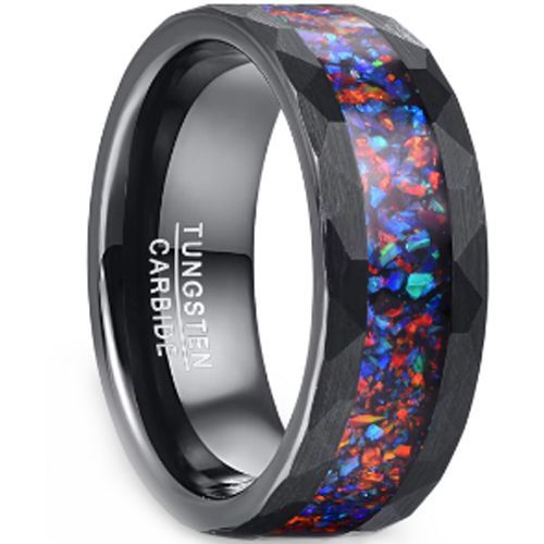 (Wholesale)Black Tungsten Carbide Faceted Ring With Crushed Opal-00219