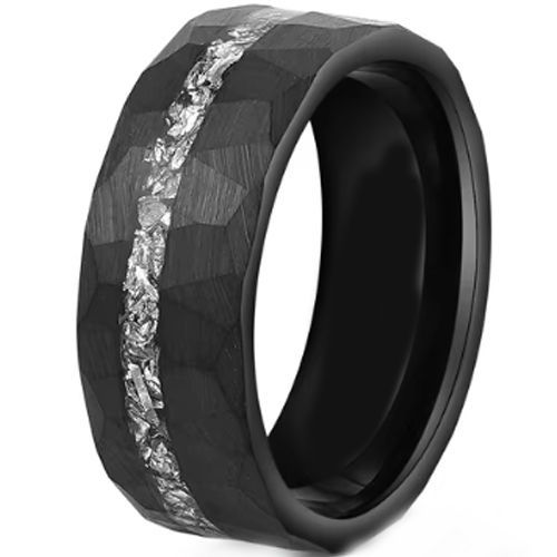 (Wholesale)Black Tungsten Carbide Faceted Ring With Meteorite-00508
