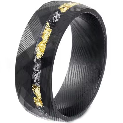 (Wholesale)Black Tungsten Carbide Damascus Ring With Meteorite & Gold Foil-00509