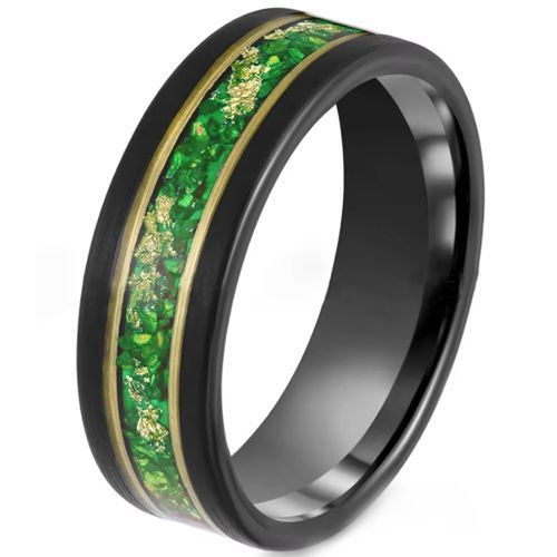 (Wholesale)Tungsten Carbide Black Gold Tone Created Green Emerald & Gold Foil Ring-00510