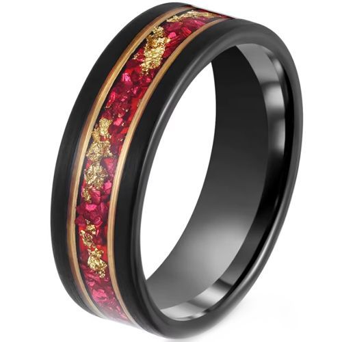 (Wholesale)Tungsten Carbide Black Gold Tone Created Red Ruby & Gold Foil Ring-00511