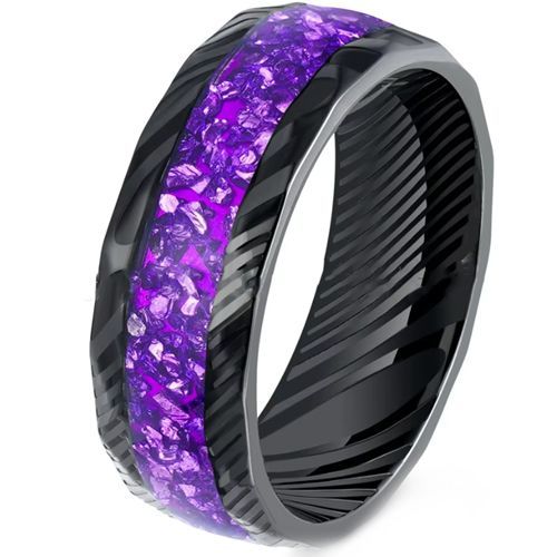 (Wholesale)Black Tungsten Carbide Purple Amethyst Damascus Ring-00517