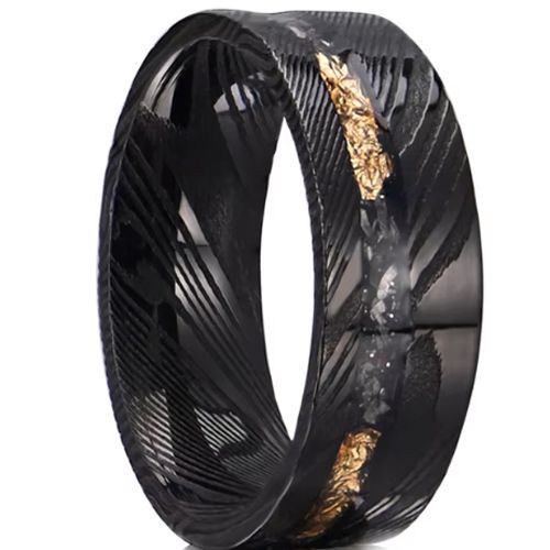 (Wholesale)Black Tungsten Carbide Damascus Ring With Meteorite & Gold Foil-00543