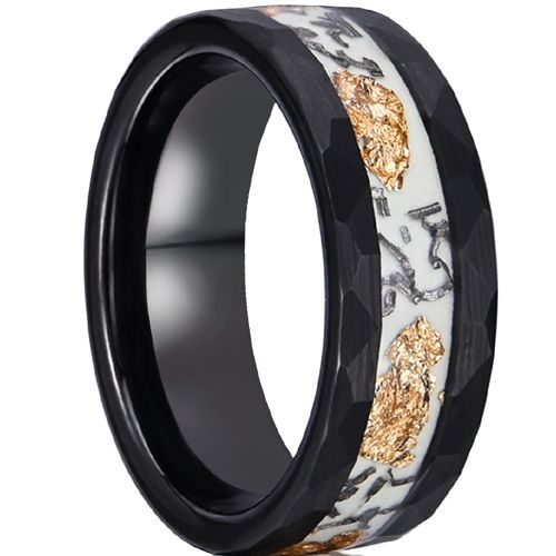 (Wholesale)Black Tungsten Carbide Meteorite Gold Foil & Marble Ring-00552