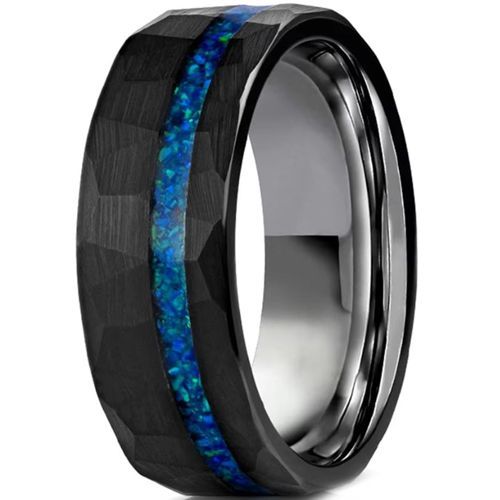 (Wholesale)Black Tungsten Carbide Faceted Ring With Meteorite-00578