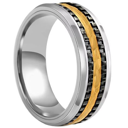 (Wholesale)Tungsten Carbide Black Gold Tone Tire Tread Ring-00703