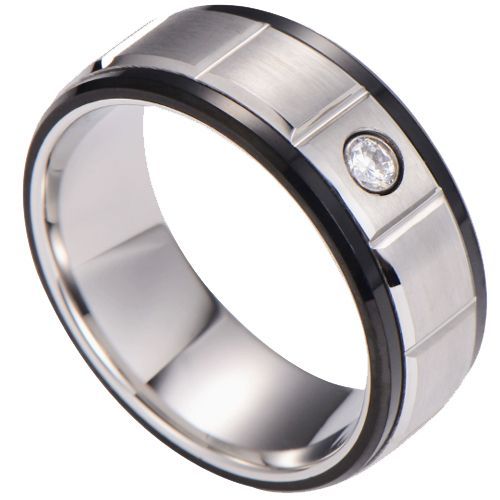 (Wholesale)Tungsten Carbide Black Silver Ring With Cubic Zirconia-00733