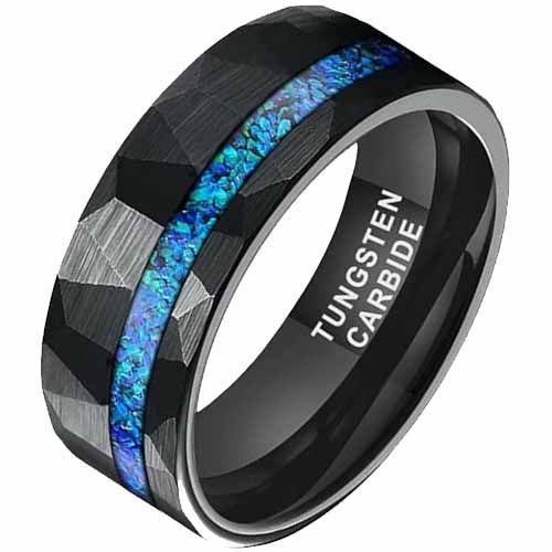 (Wholesale)Black Tungsten Carbide Faceted Ring With Meteorite-00770