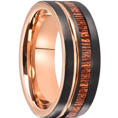 (Wholesale)Tungsten Carbide Black Gold Tone Ring With Koa Wood-00785