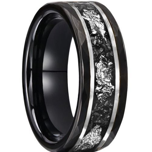(Wholesale)Tungsten Carbide Black Silver Ring With Meteorite & Silver Foil-00786