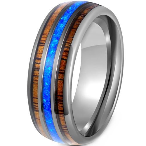 (Wholesale)Tungsten Carbide Ring With Koa Wood & Crushed Opal-00802