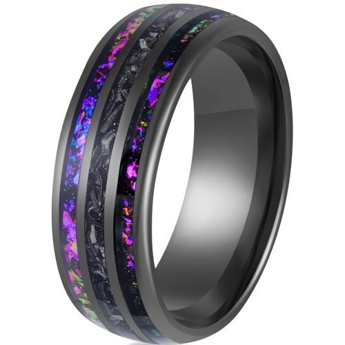(Wholesale)Black Tungsten Carbide Ring With Meteorite & Crushed Opal-00808