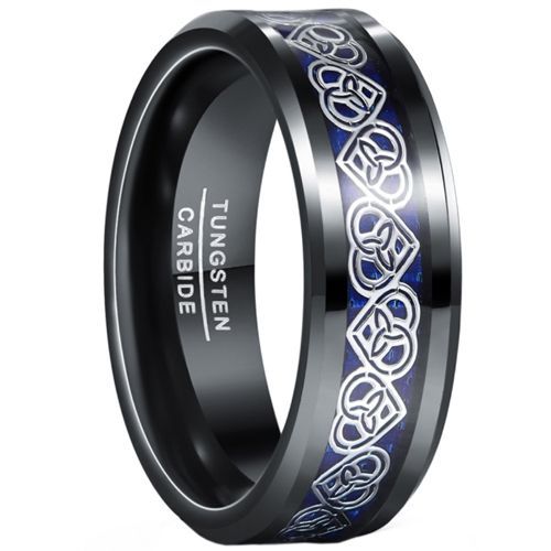 (Wholesale)Tungsten Carbide Black Silver Heart Ring With Carbon Fiber-00947