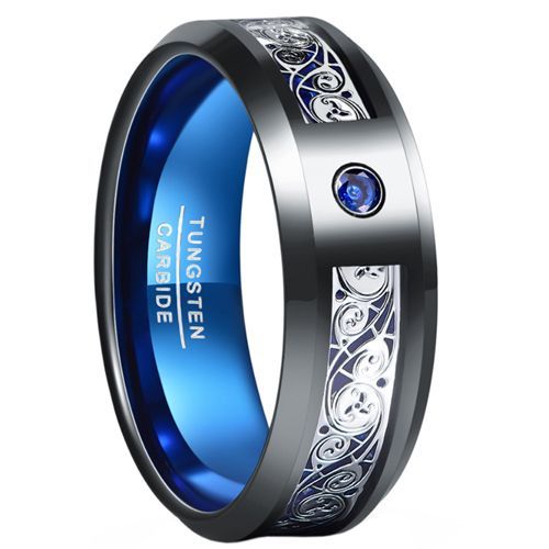 (Wholesale)Tungsten Carbide Black Blue Celtic Ring With Created Blue Sapphire-00948