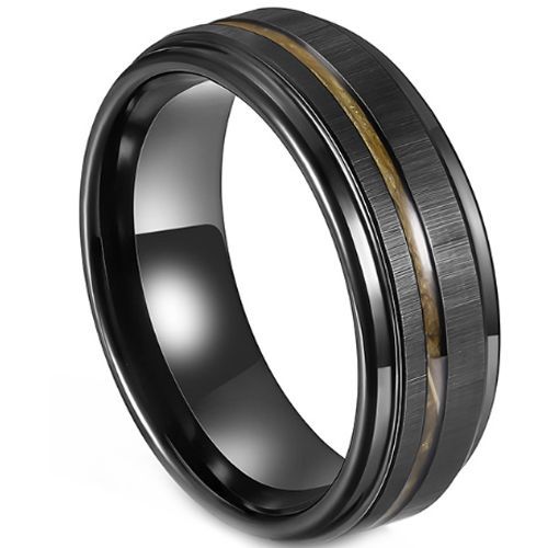 (Wholesale)Black Tungsten Carbide Wood Step Edges Ring-00977