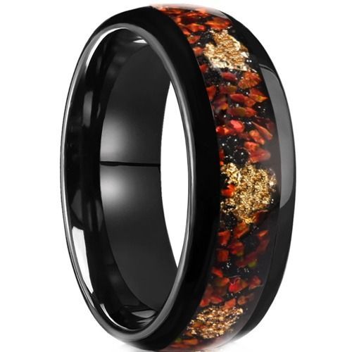(Wholesale)Black Tungsten Carbide Red Carol Meteorite & Gold Foil Ring-01192