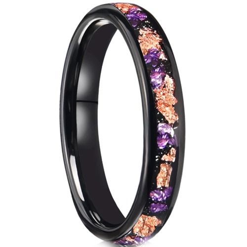 (Wholesale)Black Tungsten Carbide Ring With Purple Amethyst & Gold Foil-01193