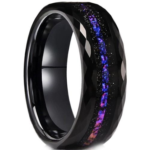 (Wholesale)Black Tungsten Carbide Faceted Ring With Meteorite & Crushed Opal-01199