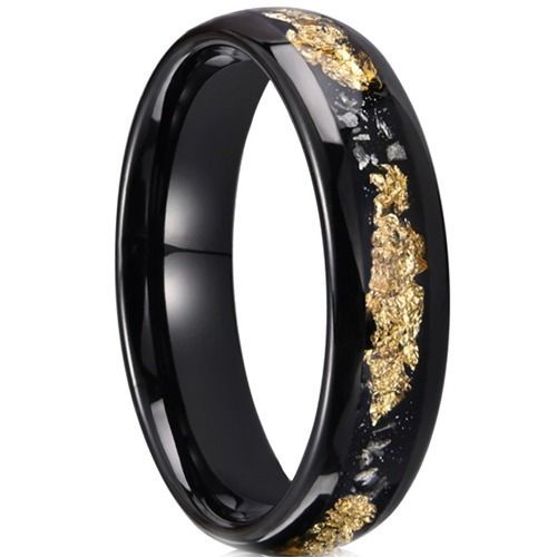 (Wholesale)Black Tungsten Carbide Dome Court Ring With Meteorite & Gold Foil-01202