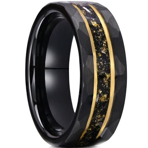 (Wholesale)Tungsten Carbide Black Gold Tone Ring With Meteorite & Gold Foil-01204