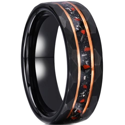 (Wholesale)Tungsten Carbide Black Gold Tone Ring With Meteorite & Red Coral-01206