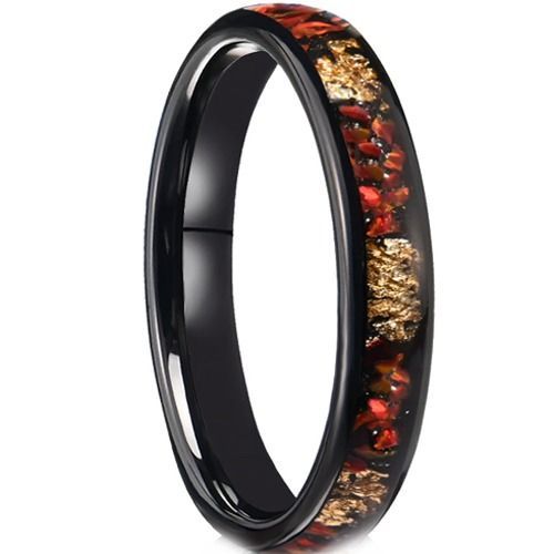 (Wholesale)black Tungsten Carbide Dome Court Ring With Created Red Ruby & Gold Foil-01208