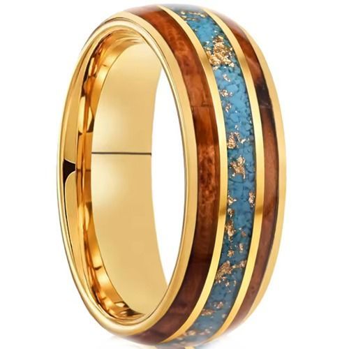 (Wholesale)Gold Tone Tungsten Carbide Gold Foil Ring With Turquoise & Wood-01438