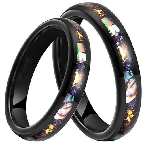 (Wholesale)Black Tungsten Carbide Ring With Meteorite Abalone Shell & Gold Foil-01439