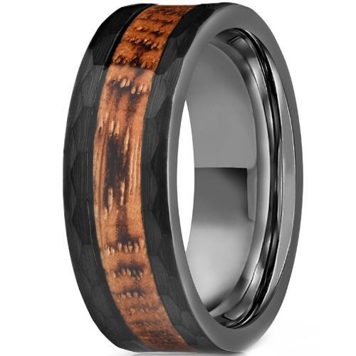 (Wholesale)Black Tungsten Carbide Faceted Ring With Koa Wood-01467