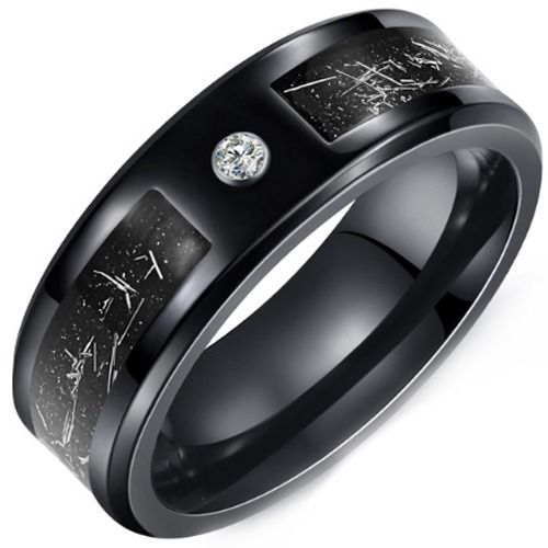 (Wholesale)Black Tungsten Carbide Meteorite Ring With Cubic Zirconia-01471