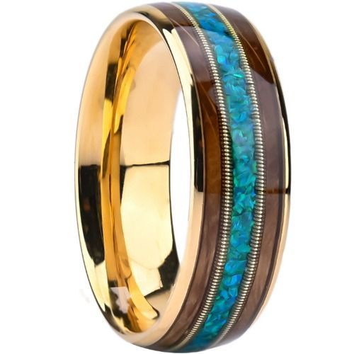 (Wholesale)Gold Tone Tungsten Carbide Wire Ring With Turquoise & Koa Wood-01540