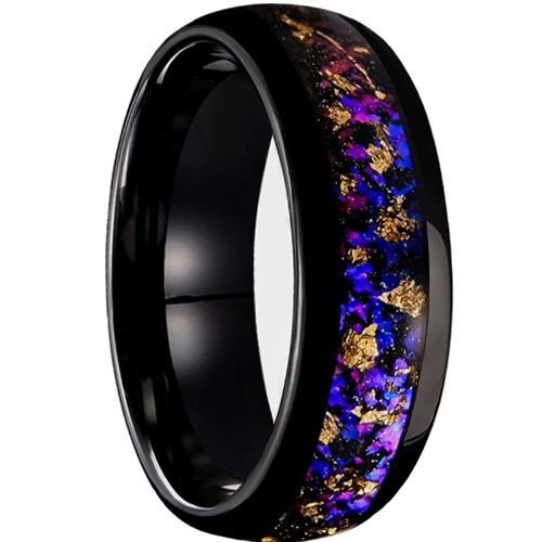(Wholesale)Black Tungsten Carbide Ring With Meteorite & Gold Foil-01541