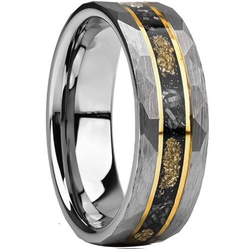 (Wholesale)Tungsten Carbide Gold Tone Silver Ring With Meteorite & Gold Foil-01542