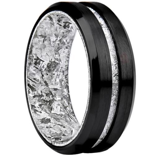 (Wholesale)Black Tungsten Carbide Ring With Meteorite-01601