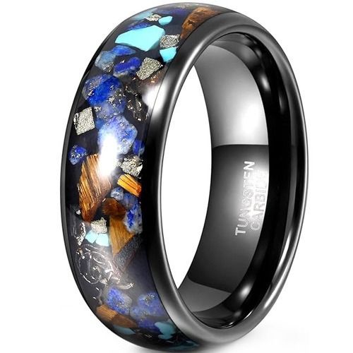 (Wholesale)Black Tungsten Carbide Turquoise Koa Wood Crushed Opal & Meteorite RIng-01902