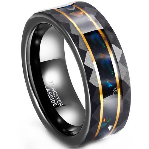 (Wholesale)Tungsten Carbide Black Gold Tone Double Grooves Faceted Ring With Abalone Shell-01903