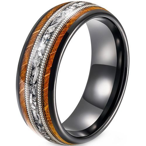 (Wholesale)Tungsten Carbide Black Silver Wire Ring With Koa Wood & Meteorite-01906