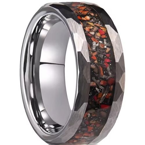 (Wholesale)Tungsten Black/Silver Carbide Faceted Ring With Dinosaur Bone-01909
