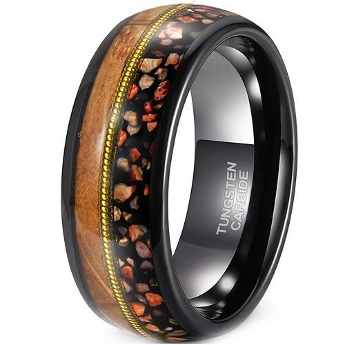 (Wholesale)Tungsten Carbide Black Gold Tone Wire Ring With Dinosaur Bone & Koa Wood-01910