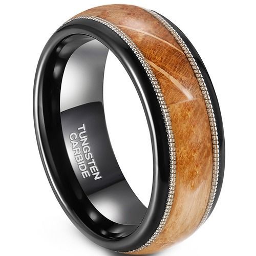 (Wholesale)Tungsten Carbide Black Silver Wire Dome Court Ring With Koa Wood-01914