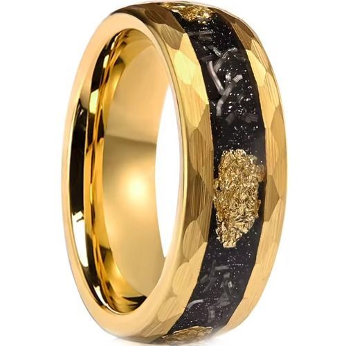 (Wholesale)Gold Tone Tungsten Carbide Faceted Ring With Meteorite & Gold Foil-01916