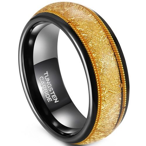 (Wholesale)Tungsten Carbide Black Gold Tone Wire Ring With Meteorite-01918