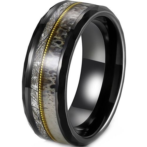 (Wholesale)Tungsten Carbide Black Gold Tone Wire Ring With Meteorite and Deer Antler-01922