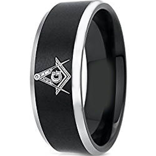 (Wholesale)Tungsten Carbide Masonic Beveled Edges Ring - 3589