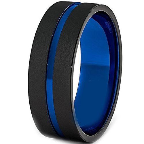 (Wholesale)Tungsten Carbide Black Blue Center Groove Ring-4097