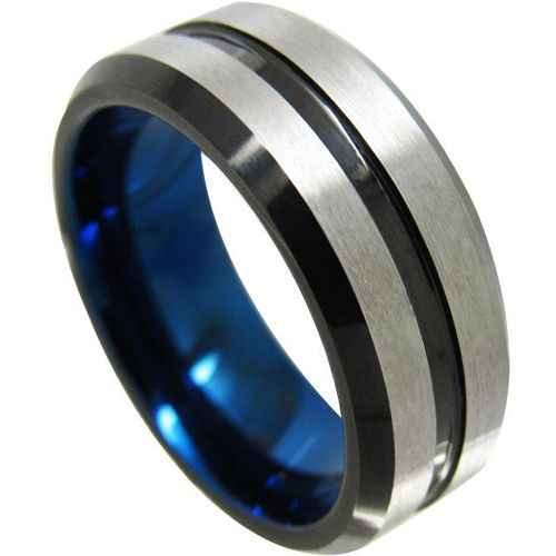 (Wholesale)Tungsten Carbide Black Blue Center Groove Ring-4349