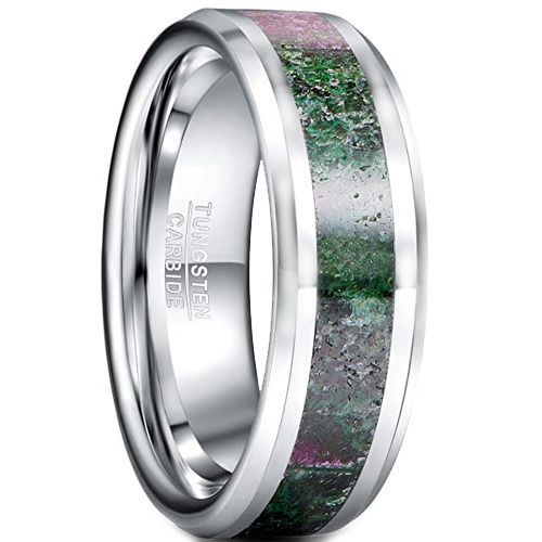 (Wholesale)Tungsten Carbide Green Meteorite Beveled Edges Ring-5433