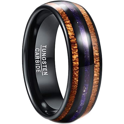 (Wholesale)Black Tungsten Carbide Ring With Meteorite & Wood-5434