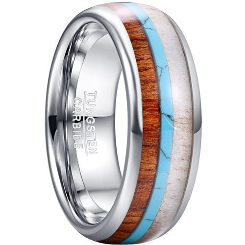 (Wholesale)Tungsten Carbide Deer Antler Wood Turquoise Ring-5464